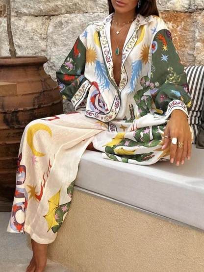 ORVANA – Unieke dames set met bedrukte blouse en elastische broek voor moeiteloze flair