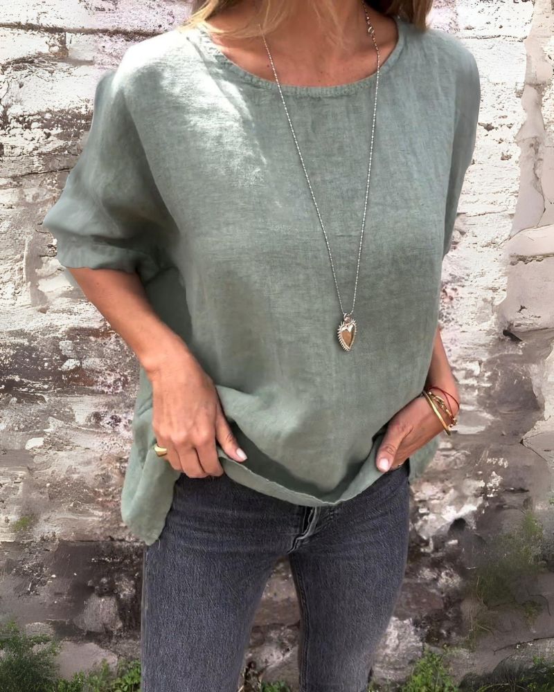 Casual dames top met ronde hals en opgerolde mouwen – LINA RELAXED - Glamorix
