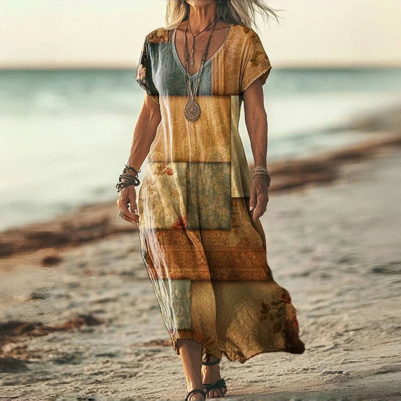 Bohemian Maxi Jurk met V-Hals voor Dames – LUNA DROOM - Glamorix