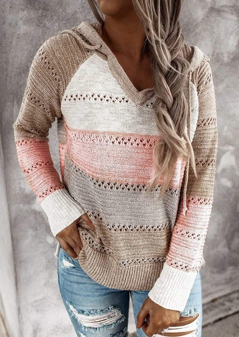 Kleurrijke gestreepte trui voor dames met lange mouwen en v-hals die comfort en flair combineert – NOVAWEAV - Glamorix