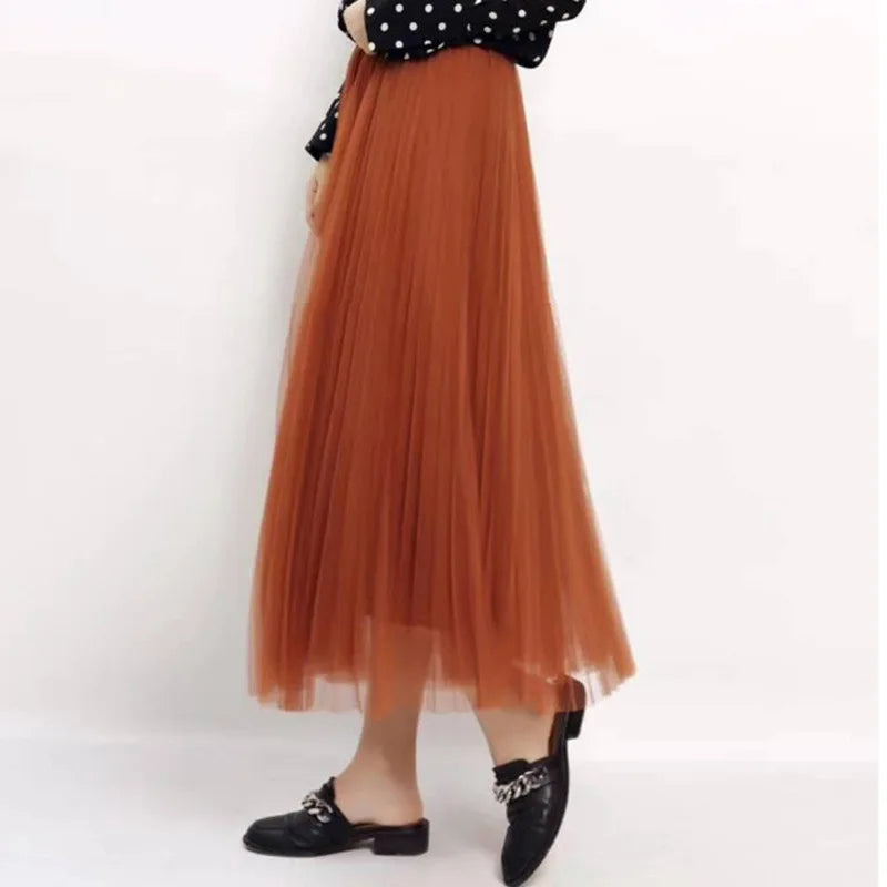 LUCIA - Soepel vallende geplooide mesh maxi-rok voor dames