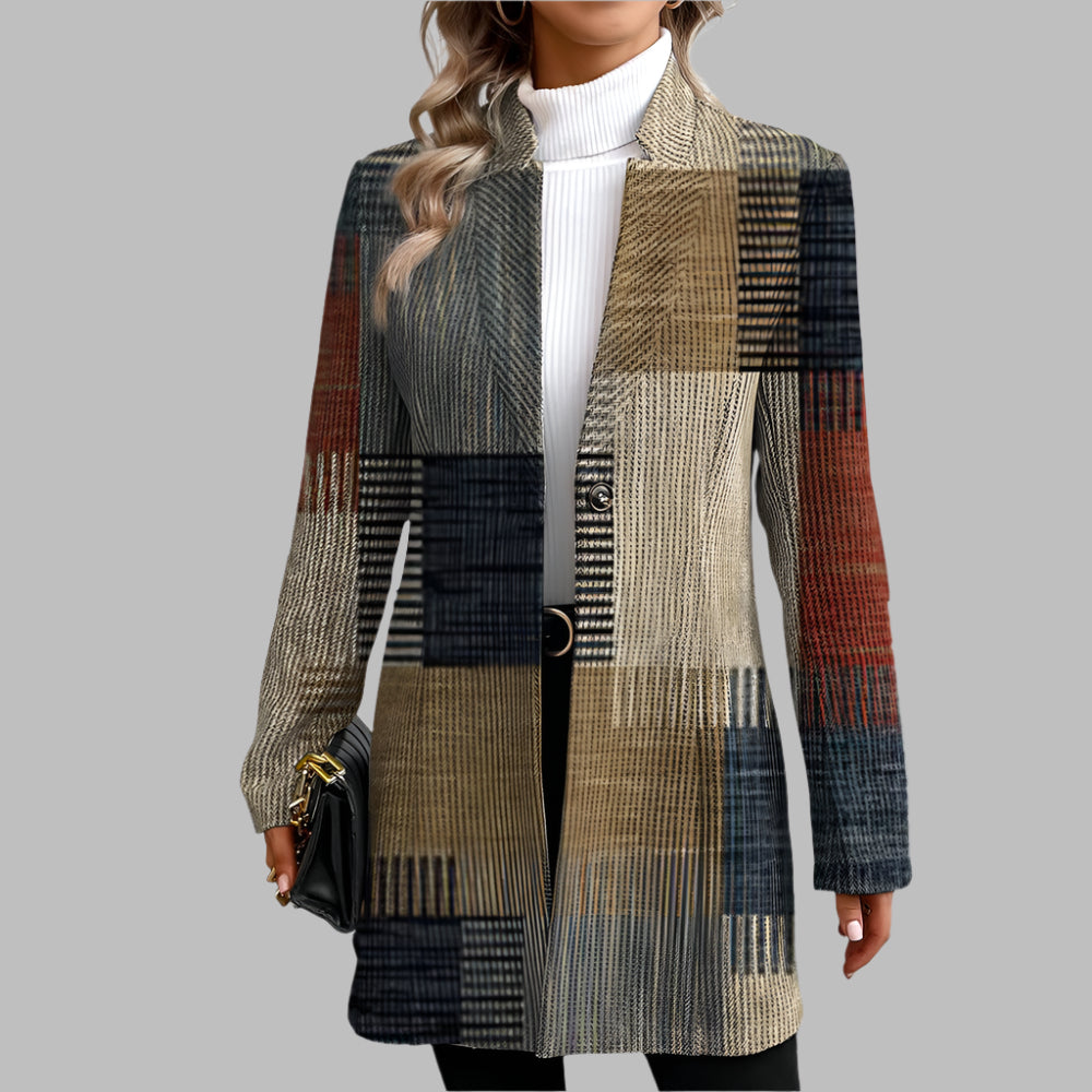 Lange damesjas met grafisch blokpatroon en rechte snit – MAELYS COAT - Glamorix