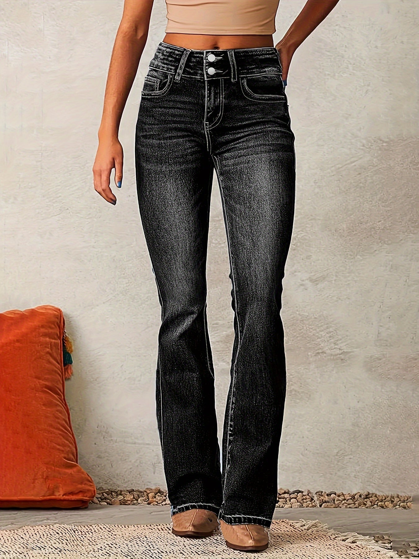High waist flared damesjeans met dubbele knoopsluiting – RIVIA FLARE - Glamorix
