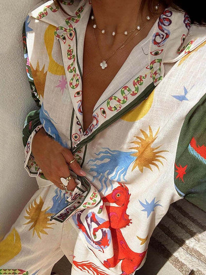 ORVANA – Unieke dames set met bedrukte blouse en elastische broek voor moeiteloze flair