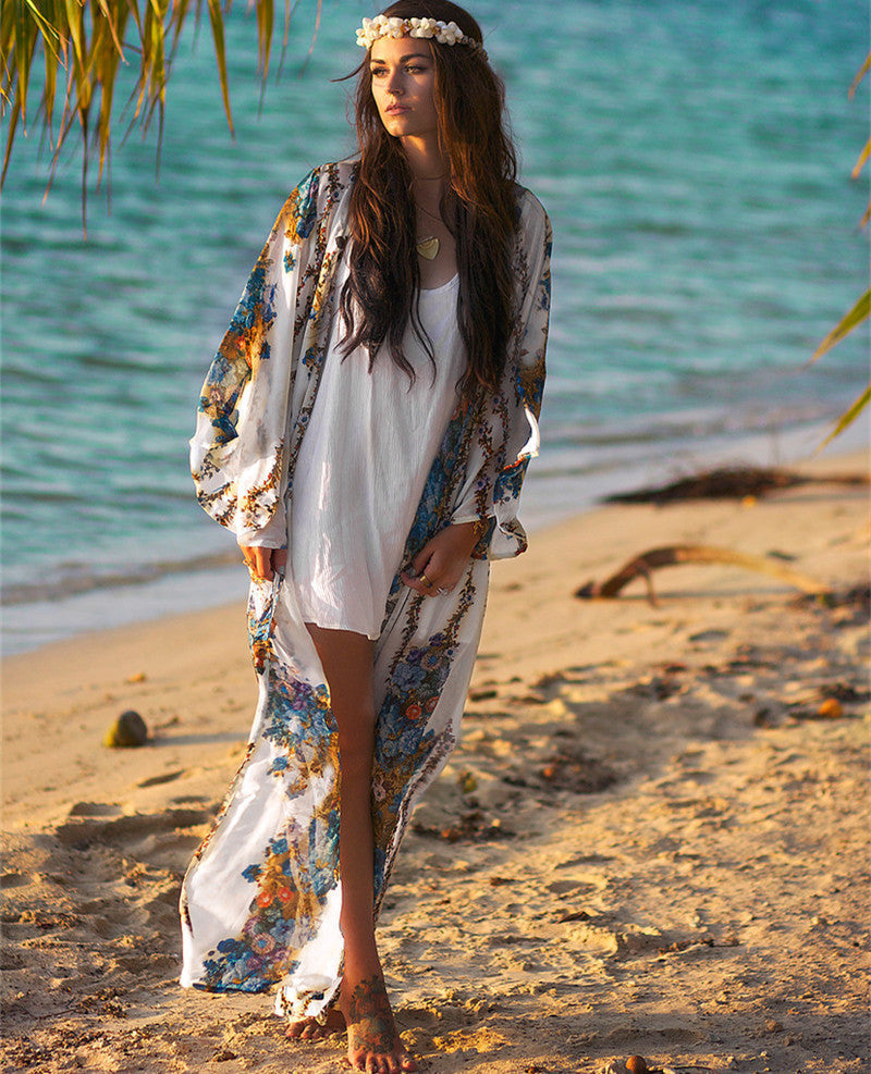 Modieuze lange kimono met sierlijke print en wijdvallende mouwen – ARISHA - Glamorix