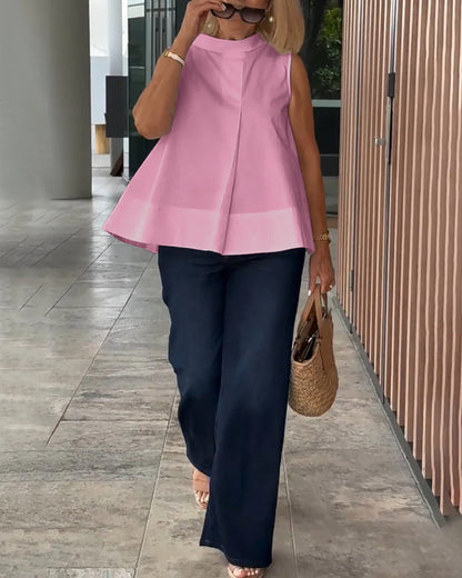 Mouwloze dames top met opstaande kraag en plooidetail – LIVIA HALO - Glamorix