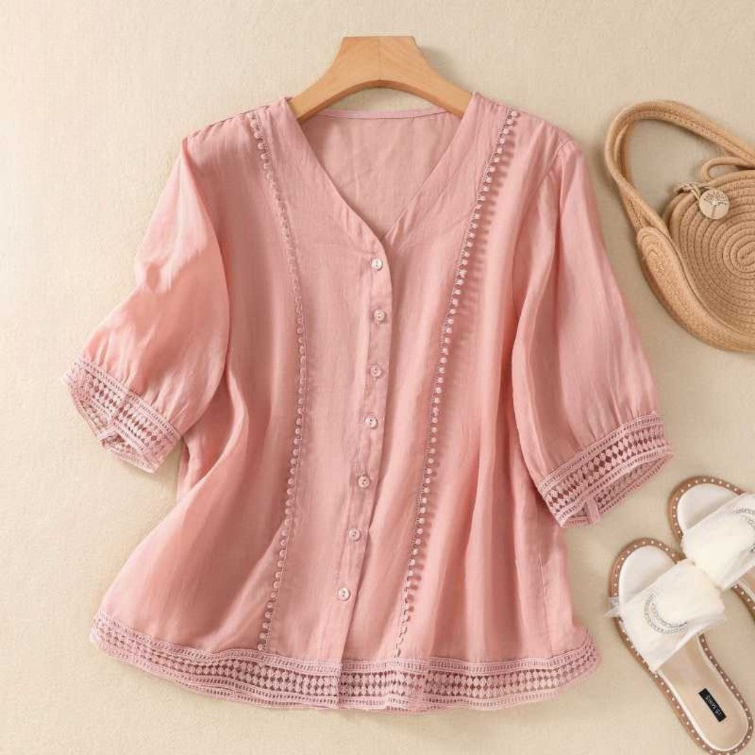 Rhiannon - V-hals knoopblouse met kantdetails voor dames - Glamorix