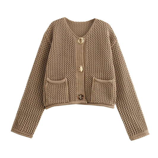 ISLA - Kaki gebreid vest met knopen en tijdloze charme