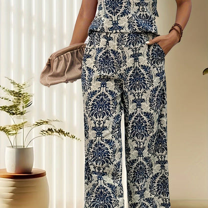 Aithne | Dames Retro Print V-Hals T-shirt & Broek Wijde Pijpen Set - Casual Stijlvol Outfit - Glamorix