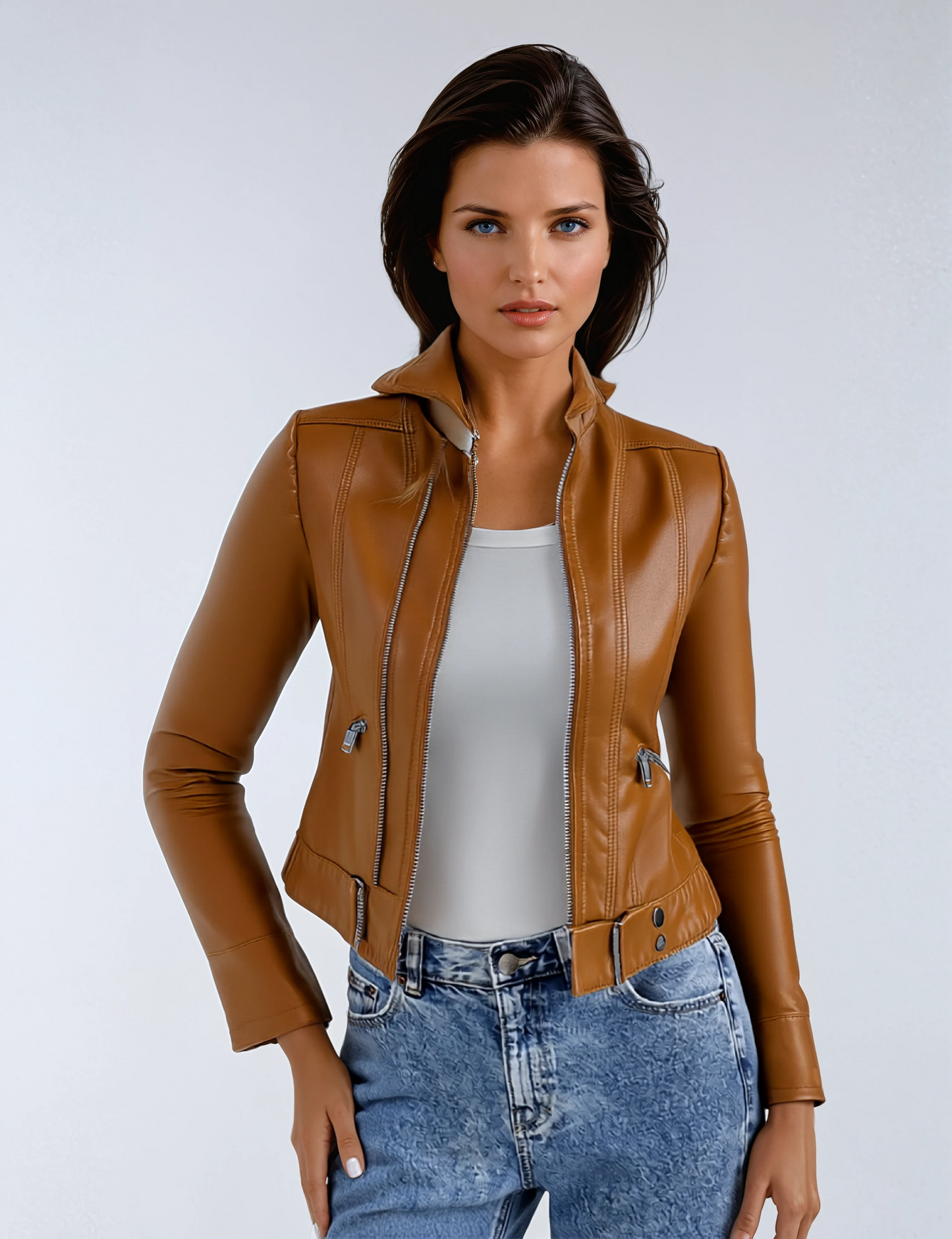 REINA – Dames leren biker jas met ritsdetails - Glamorix