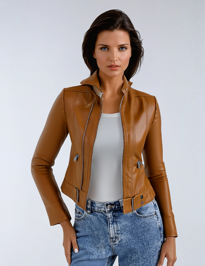 REINA – Dames leren biker jas met ritsdetails - Glamorix