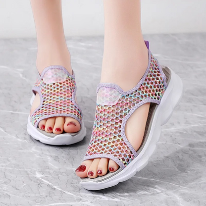 Luchtige zwarte dames sandalen van ademend mesh – Veyora AirStep - Glamorix