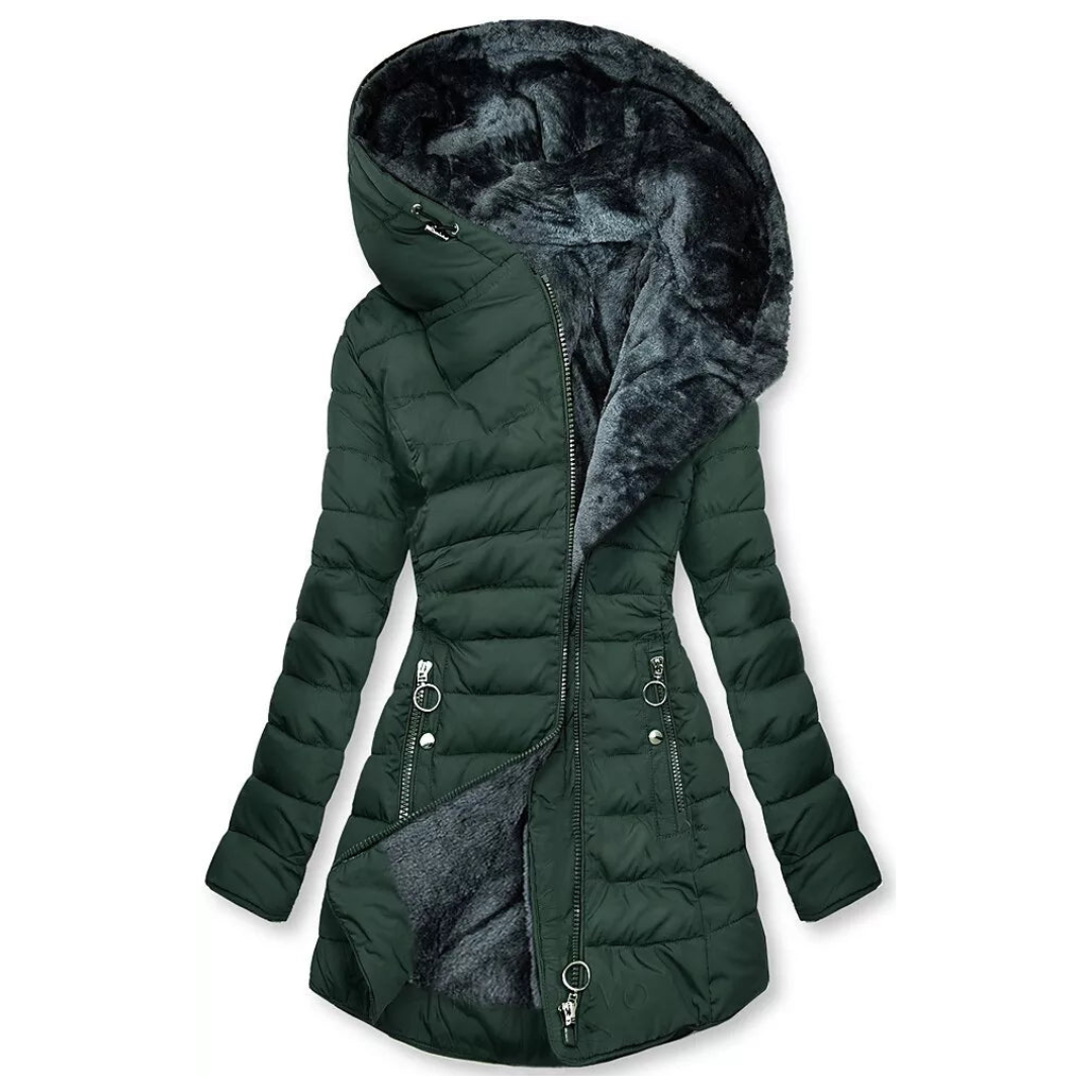 Waterdichte winterjas met lange slanke pasvorm en imitatiebont kraag geschikt voor dames – AURION - Glamorix