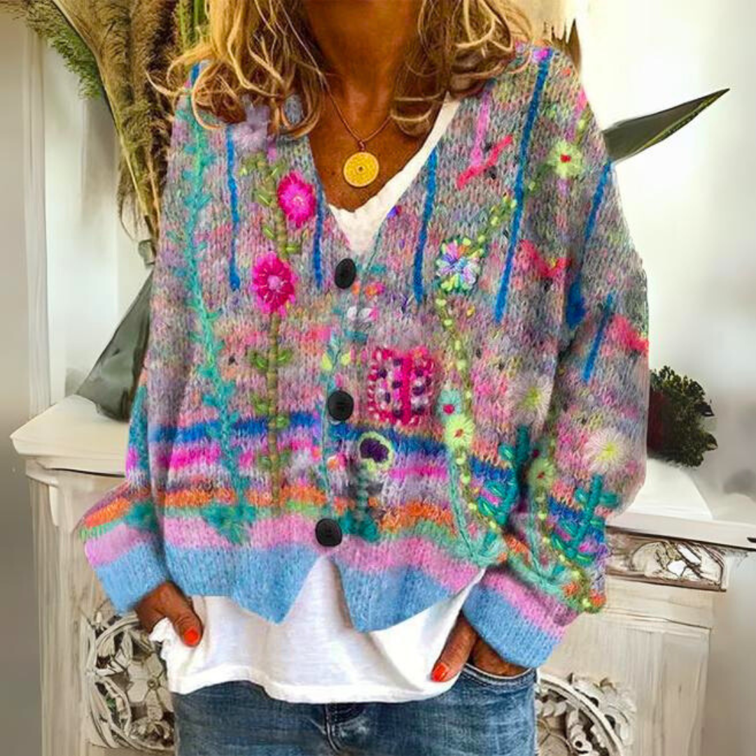 FLORINA - Handgebreid gebloemd vest met knoopsluiting voor dames