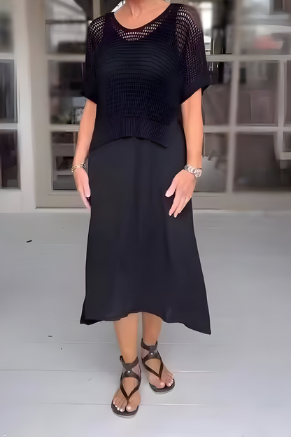 Midi damesjurk met geperforeerde top en zwierige rok – EVELISE BREEZE - Glamorix