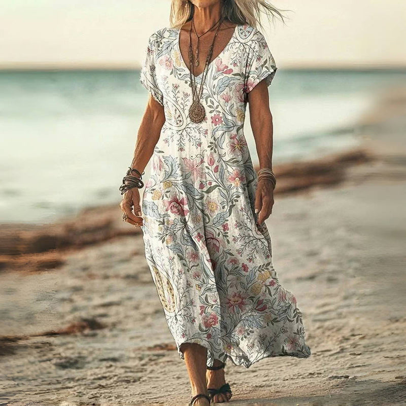 Losvallende dames maxijurk met bloemenprint en korte mouwen – FLORIA VIVA - Glamorix
