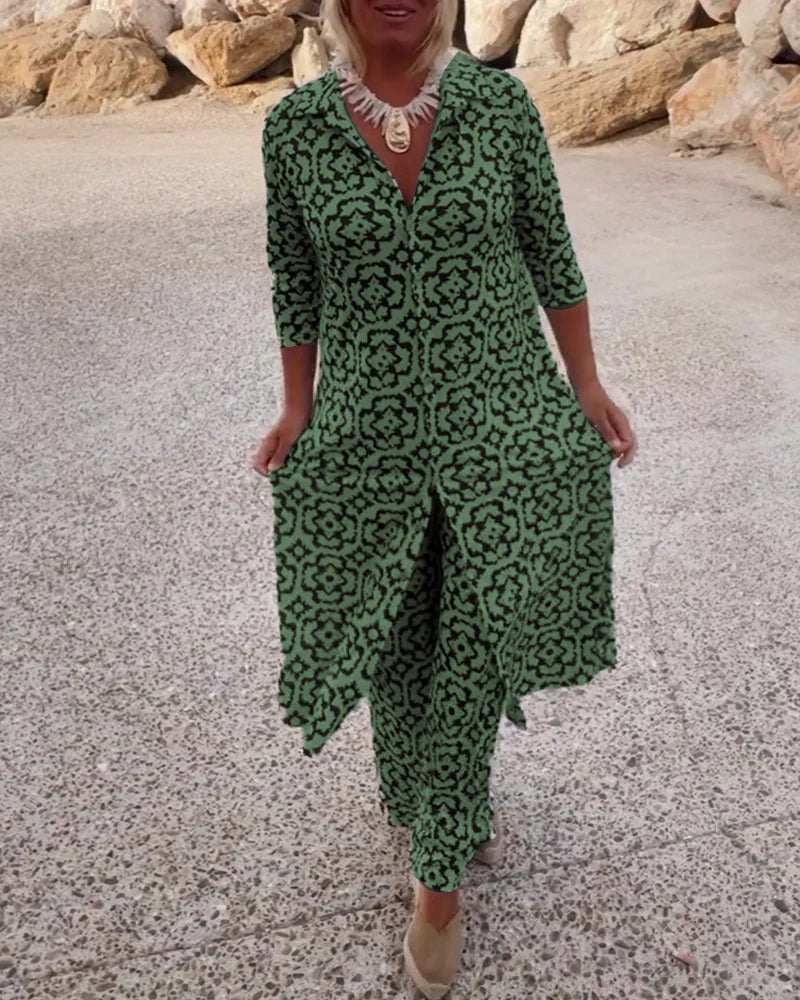 Luxe Jurk-Met-Broek Set Met Diepe V-Hals Voor Modebewuste Dames – ELEGANTE DUALITEIT - Glamorix