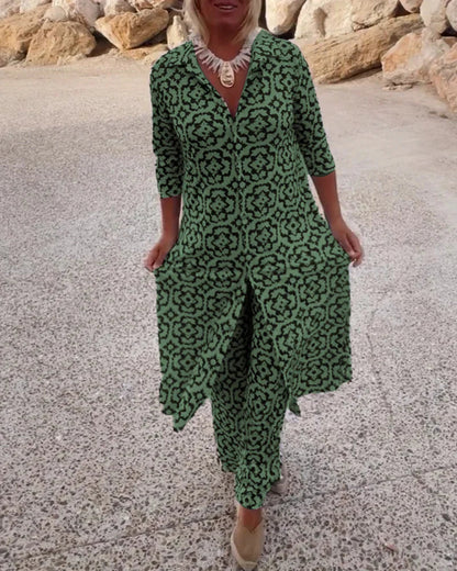 Luxe Jurk-Met-Broek Set Met Diepe V-Hals Voor Modebewuste Dames – ELEGANTE DUALITEIT - Glamorix