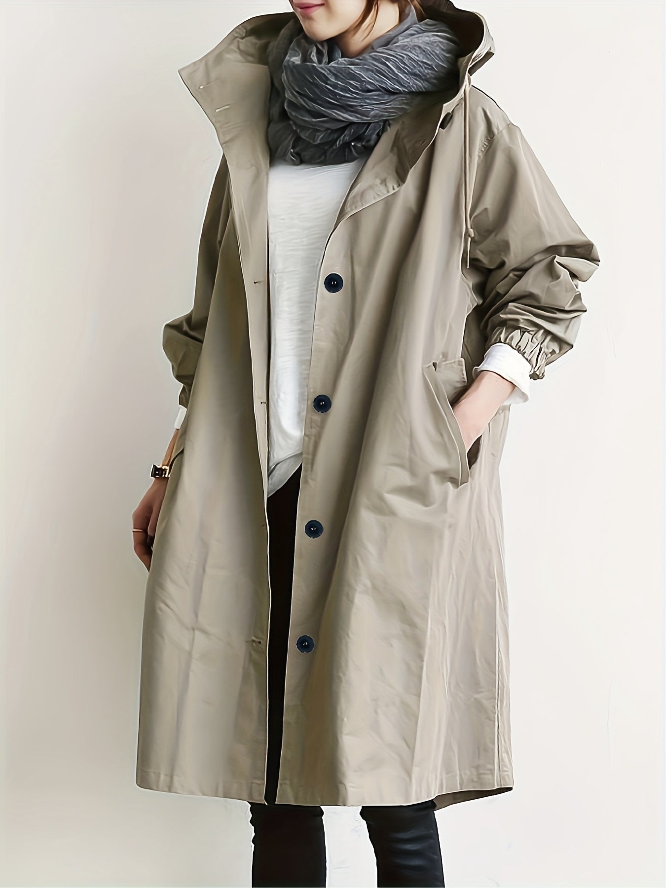 ELINA - Casual lange dames trenchcoat met capuchon, trekkoord en zijzakken