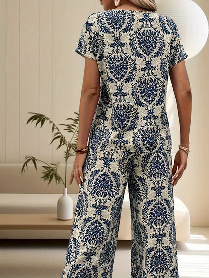 Aithne | Dames Retro Print V-Hals T-shirt & Broek Wijde Pijpen Set - Casual Stijlvol Outfit - Glamorix