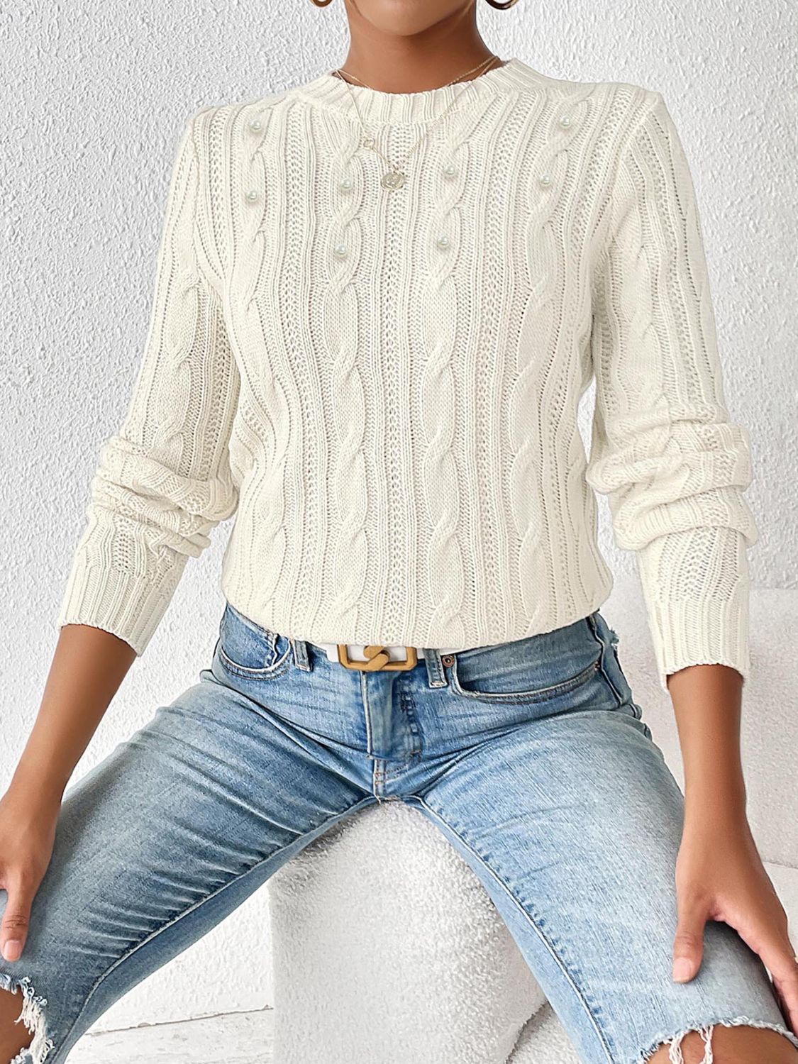 PEARLWEAVE - Warme Pullover met Weefpatroon en Sierparels