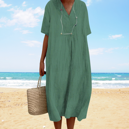 Ysoria - Losvallende midi zomerjurk met v-hals - Glamorix