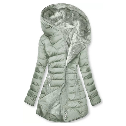 Waterdichte winterjas met lange slanke pasvorm en imitatiebont kraag geschikt voor dames – AURION - Glamorix