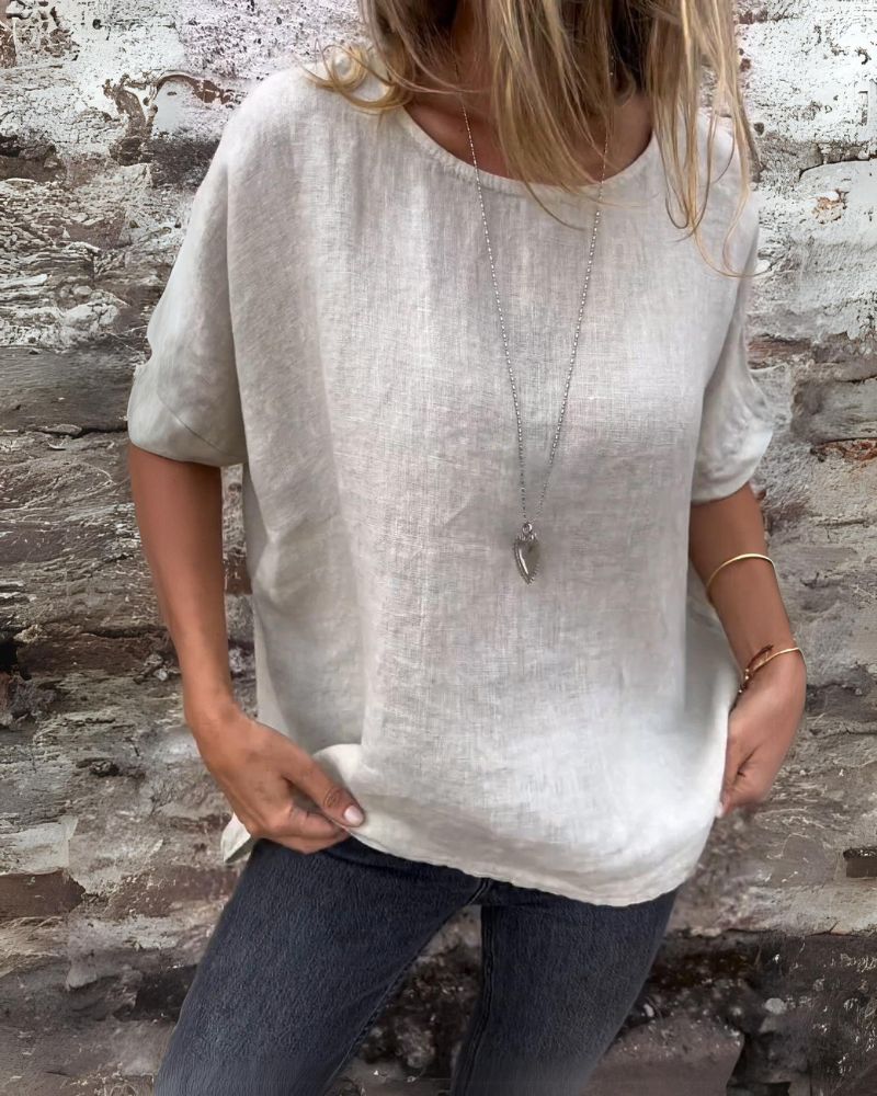 Casual dames top met ronde hals en opgerolde mouwen – LINA RELAXED - Glamorix
