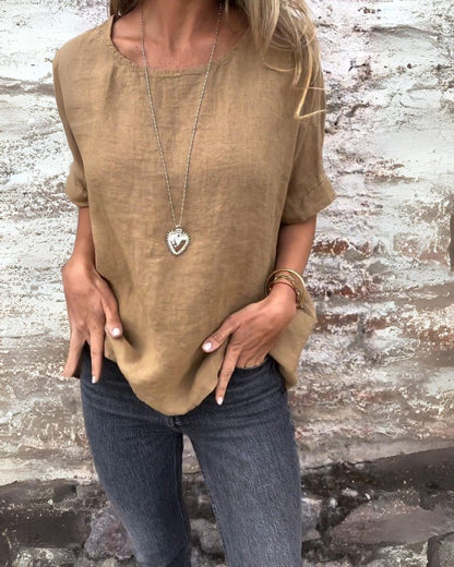 Casual dames top met ronde hals en opgerolde mouwen – LINA RELAXED - Glamorix