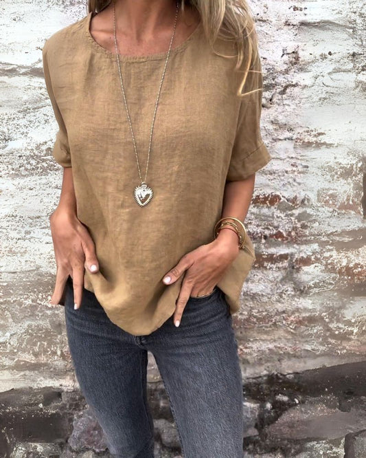 Casual dames top met ronde hals en opgerolde mouwen – LINA RELAXED - Glamorix