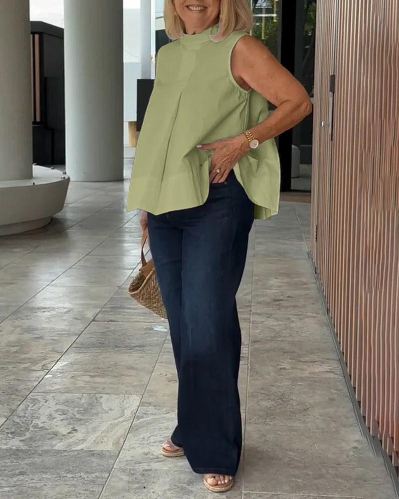 Mouwloze dames top met opstaande kraag en plooidetail – LIVIA HALO - Glamorix