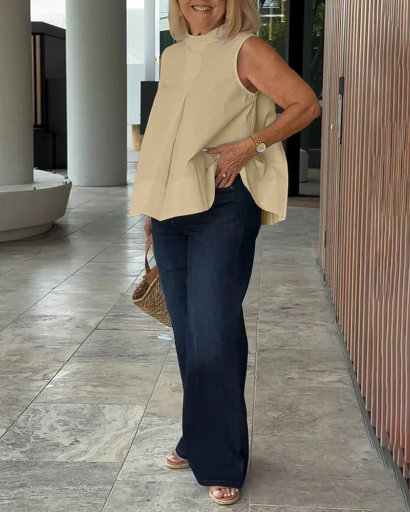 Mouwloze dames top met opstaande kraag en plooidetail – LIVIA HALO - Glamorix