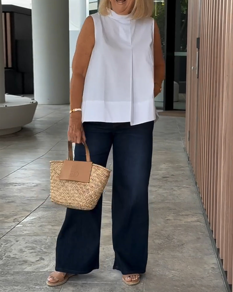 Mouwloze dames top met opstaande kraag en plooidetail – LIVIA HALO - Glamorix