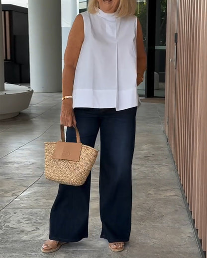 Mouwloze dames top met opstaande kraag en plooidetail – LIVIA HALO - Glamorix