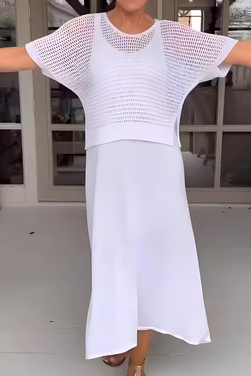 Midi damesjurk met geperforeerde top en zwierige rok – EVELISE BREEZE - Glamorix