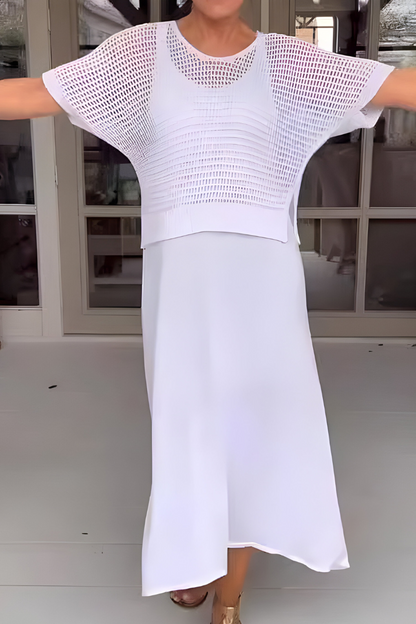 Midi damesjurk met geperforeerde top en zwierige rok – EVELISE BREEZE - Glamorix