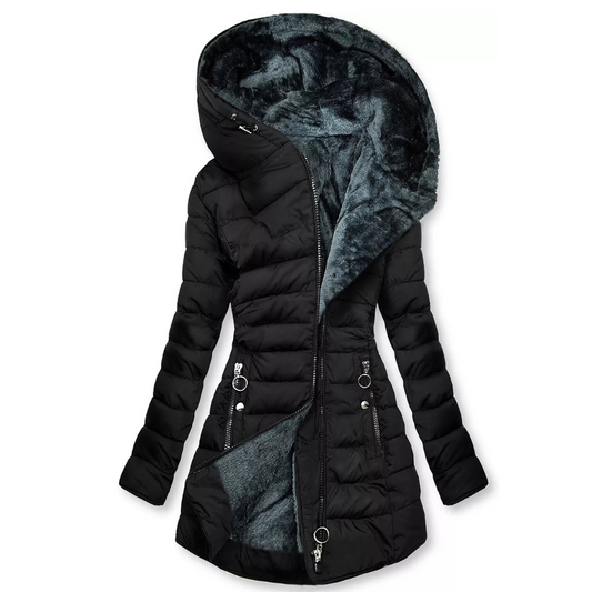 Waterdichte winterjas met lange slanke pasvorm en imitatiebont kraag geschikt voor dames – AURION - Glamorix
