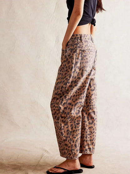 Modieuze baggy jeans met opvallende leopardprint – LEONA