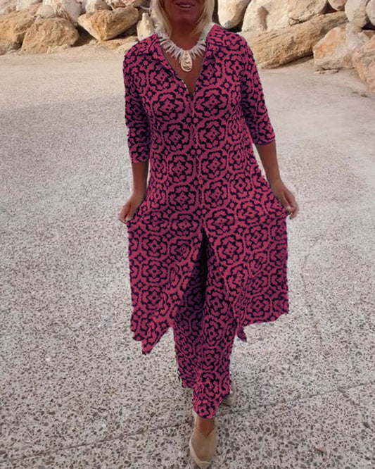 Luxe Jurk-Met-Broek Set Met Diepe V-Hals Voor Modebewuste Dames – ELEGANTE DUALITEIT - Glamorix