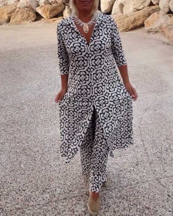 Luxe Jurk-Met-Broek Set Met Diepe V-Hals Voor Modebewuste Dames – ELEGANTE DUALITEIT - Glamorix