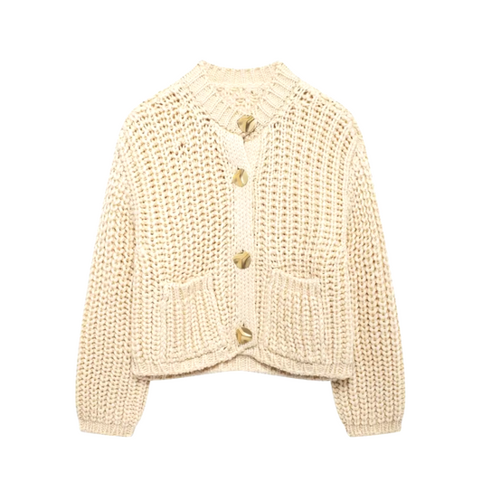 SOFIA - Beige gebreid vest met knopen en mandarin kraag