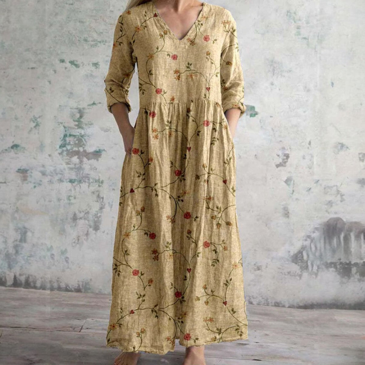 Elegante dames maxi-jurk met V-hals en 3/4 mouwen – SERENA FALL - Glamorix