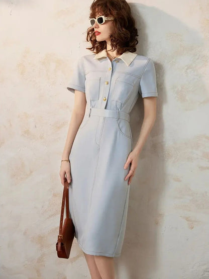 Stijlvolle overhemdjurk met korte mouwen en taille-accent – CÁLIA DRESS - Glamorix