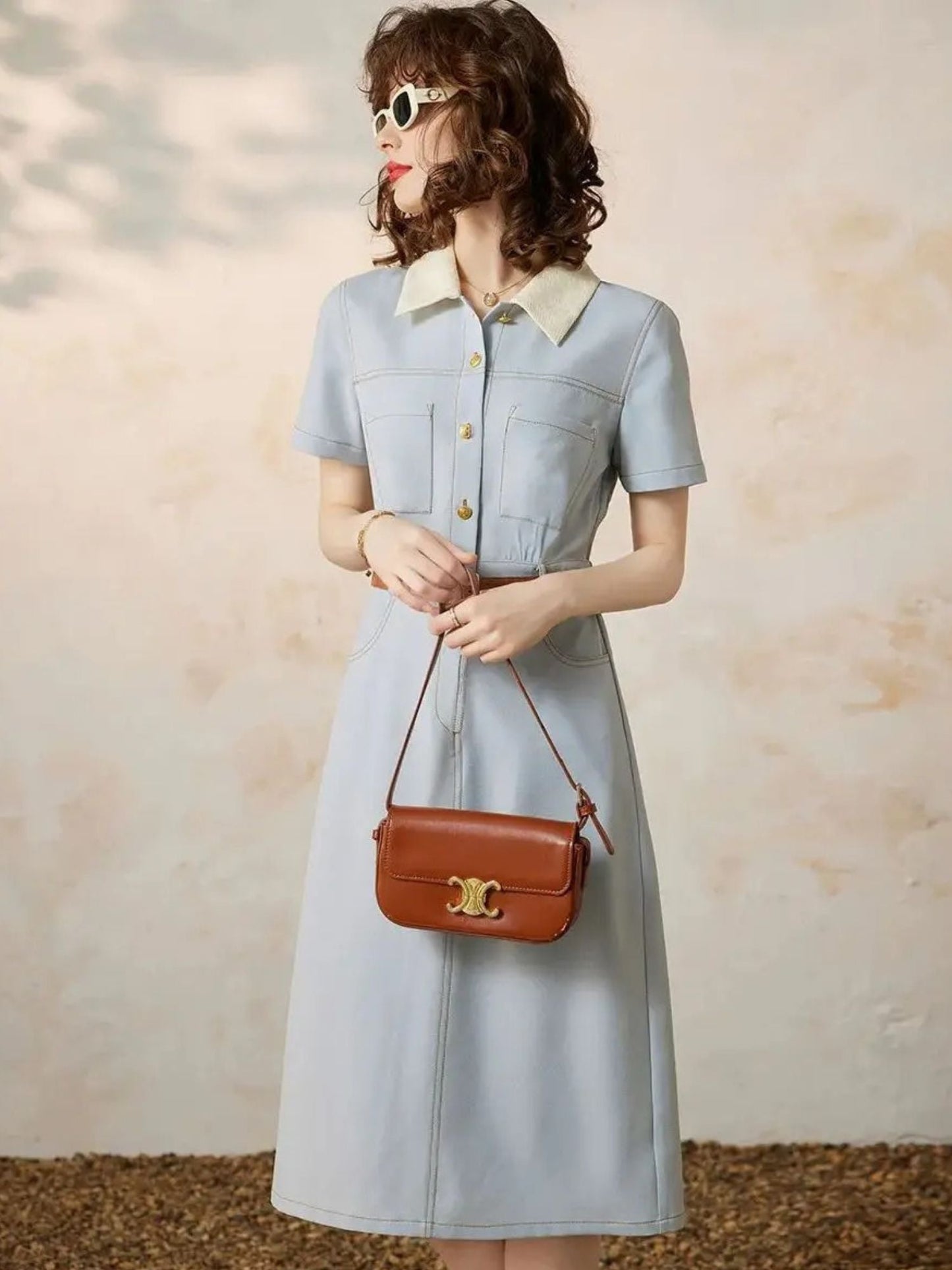 Stijlvolle overhemdjurk met korte mouwen en taille-accent – CÁLIA DRESS - Glamorix