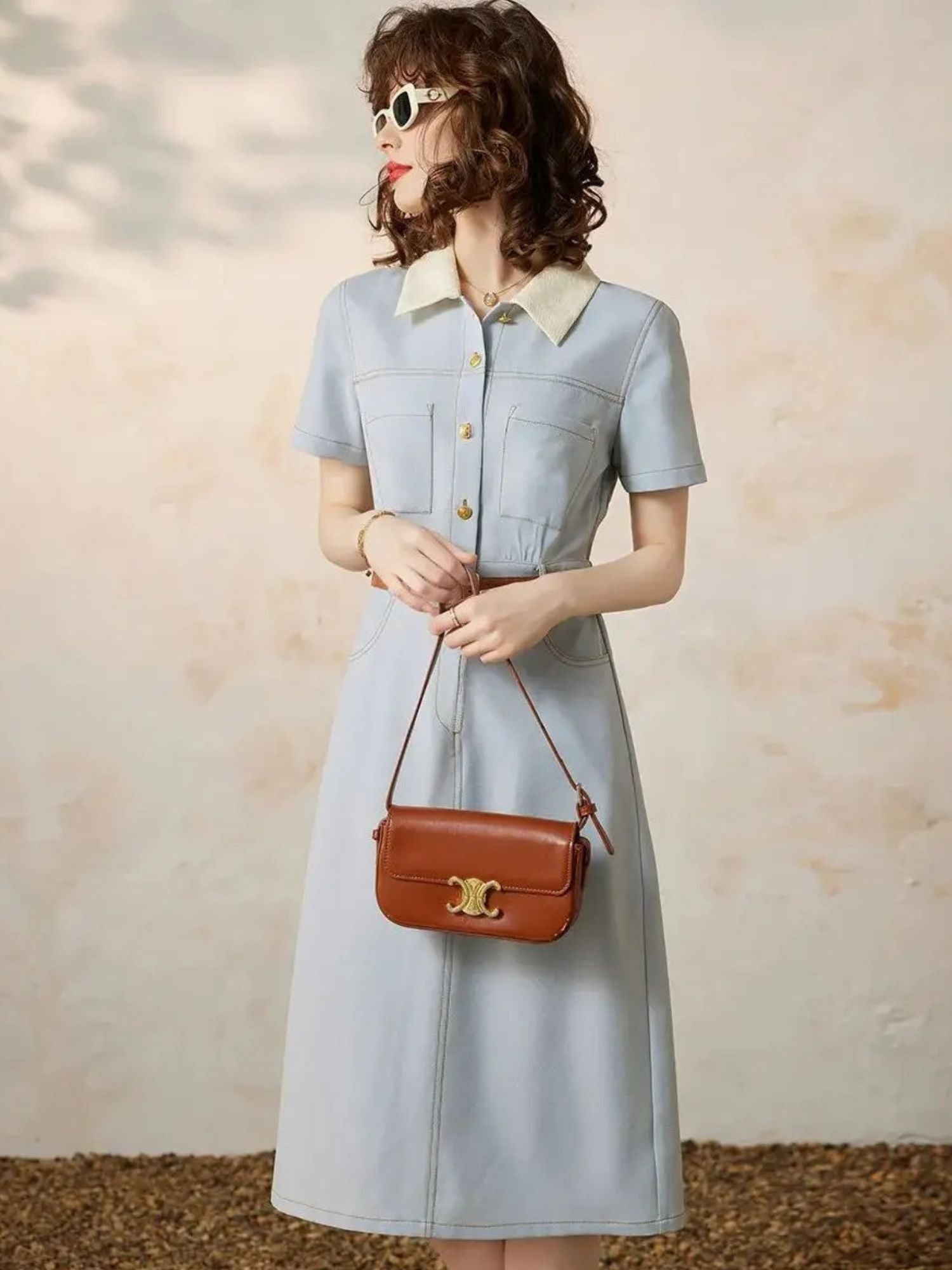 Stijlvolle overhemdjurk met korte mouwen en taille-accent – CÁLIA DRESS - Glamorix