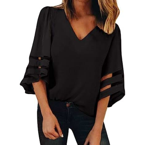 Dames top met V-hals en opengewerkte mouwen – CELINA LUXE - Glamorix