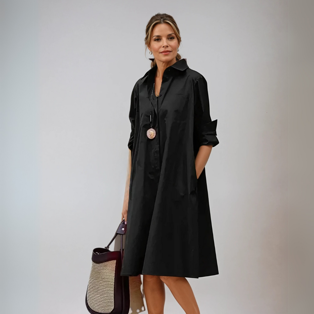 Moderne oversized zwarte overhemdjurk voor moeiteloze stijl – NoiraFlow - Glamorix