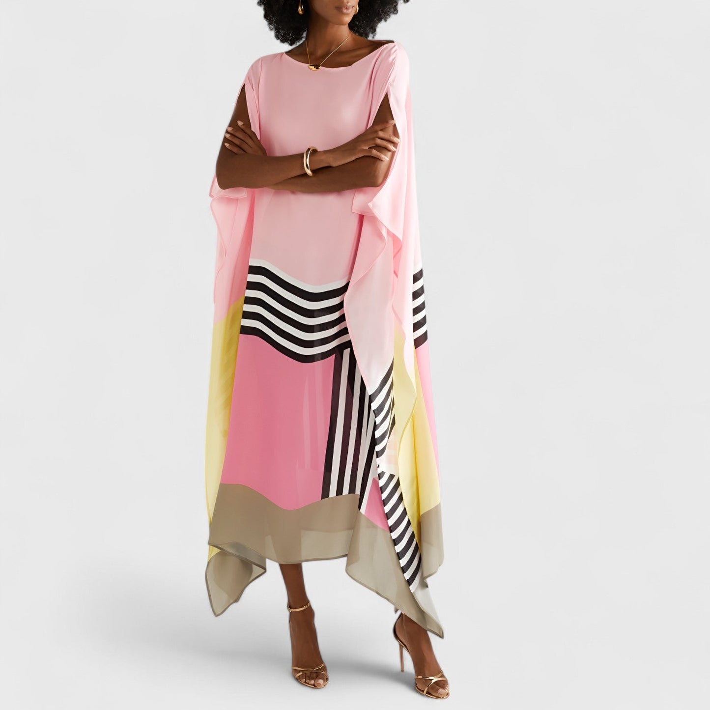 Vloeiende damesjurk met kaftan-snit en asymmetrische zoom – AYLA DRIFT - Glamorix
