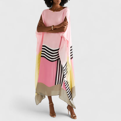 Vloeiende damesjurk met kaftan-snit en asymmetrische zoom – AYLA DRIFT - Glamorix