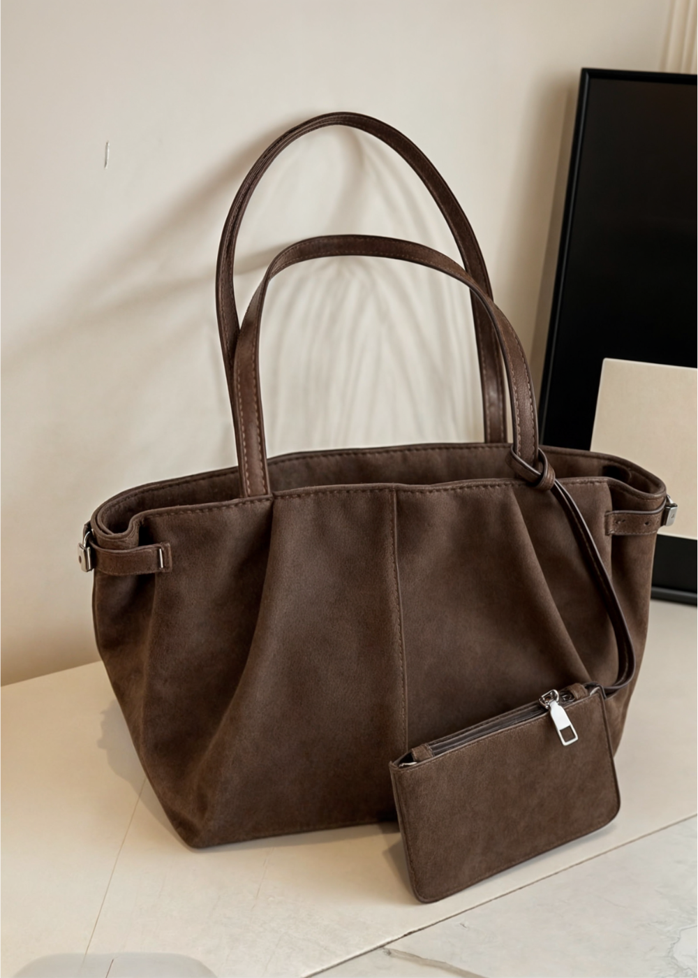 Luxe suède tote bag met bijpassend etui – ELIANE
